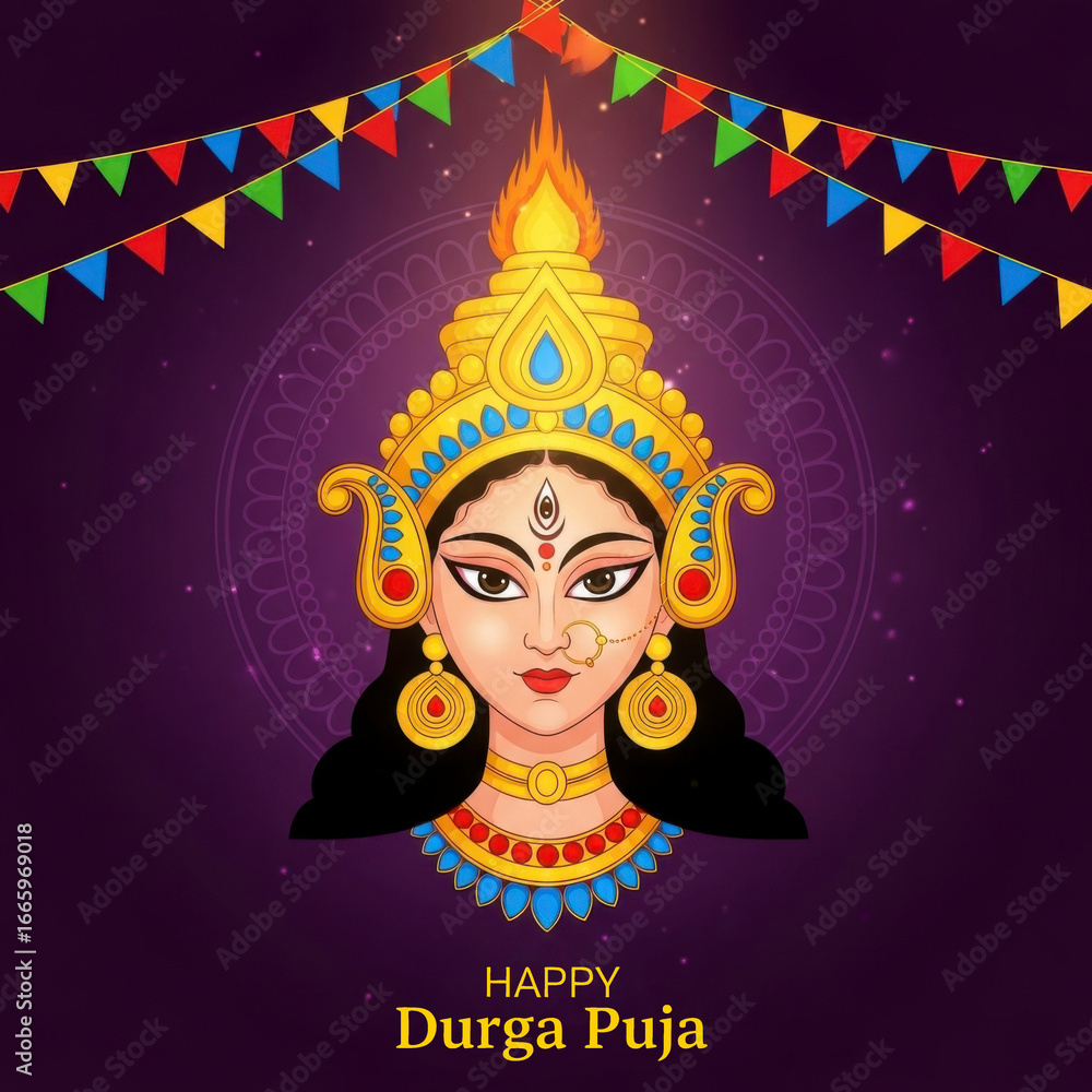 Fototapeta premium Illustration of durga puja with goddess face and colorful bunting on purple background