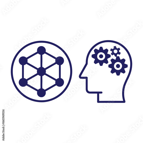  Mind and Blockchain: AI and Technology Vector Illustration, human head with gears and cogs
