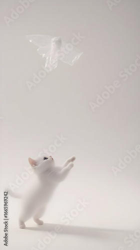 White Kitten Playing with Plastic Bag Illustration