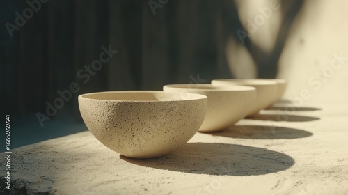A row of small, speckled white bowls on a light beige surface.