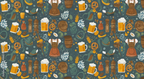 A charming Flat Design seamless pattern featuring a repetition of iconic Oktoberfest elements like beer steins, pretzels, and traditional attire.