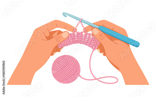 Close up of hands crocheting pink yarn with blue crochet hook crafting handmade fabric hobby and creative expression knitting project concept illustration