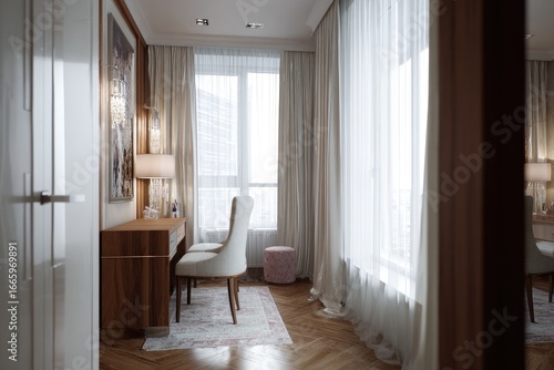 Luxurious, elegant dressing room with wooden desk, two chairs, and large windows