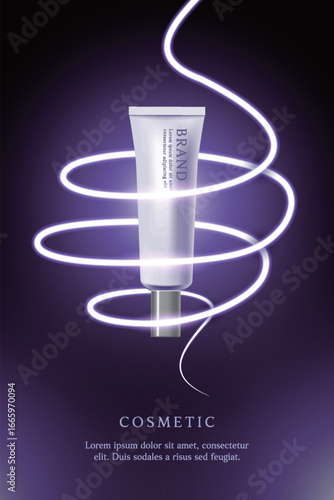 Cosmetic product ads template on black background with purple light beam.