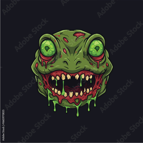 A grotesque, cartoonish green frog's head with wide, bloodshot eyes and a gaping mouth filled with sharp teeth, dripping with slime and blood.