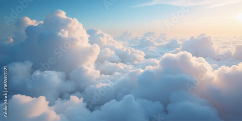Fluffy white cumulus clouds drift high in the blue sky, a beautiful cloudscape viewed from above