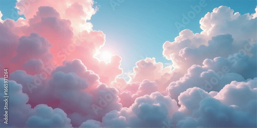 A bright, blue sky is filled with white, fluffy clouds that form a beautiful heart shape, creating a heavenly cloudscape on a sunny summer day