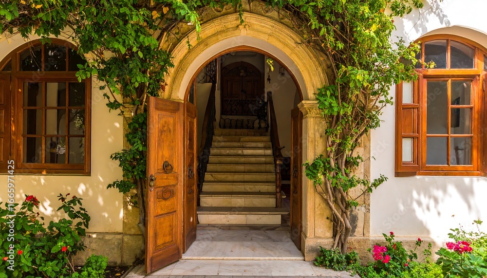 Fototapeta premium Ancient arched doorway, overgrown with vines