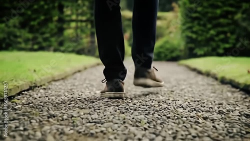 Walking away  A person walks away on a pebble path lined with grass and green hedges