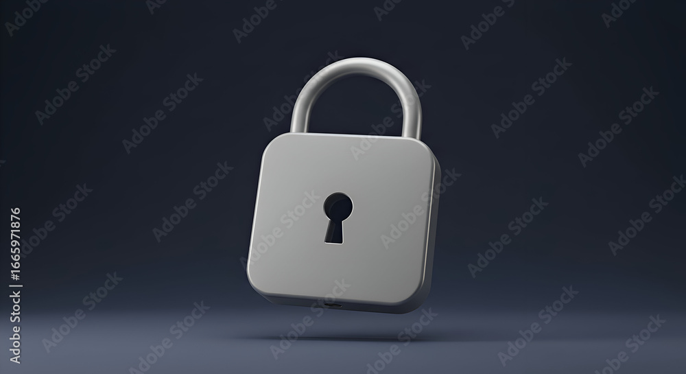 Fototapeta premium Gray padlock in a dark studio setting. Geometric, 3D model of a padlock, showing security, and safety themes. Digital graphic design element, in a professional setting.
