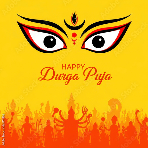 Illustration of durga puja celebration with eyes and crowd on a yellow background