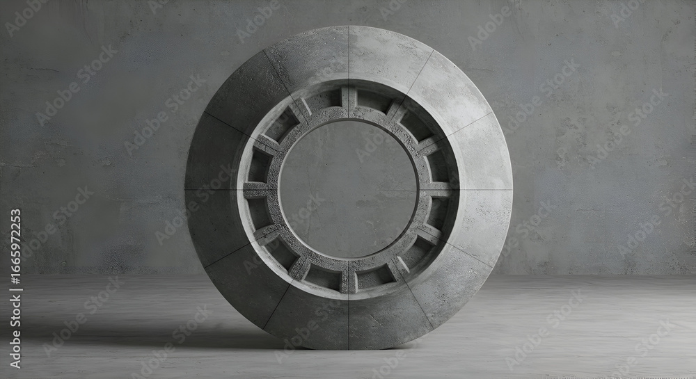 Fototapeta premium Gray concrete oval architectural element with a central, empty circular opening. Modern, minimalist architectural design feature in a neutral, contemporary interior setting.