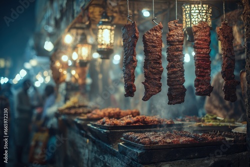 Vibrant Night Market with Grilled Meat Skewers and Lanterns