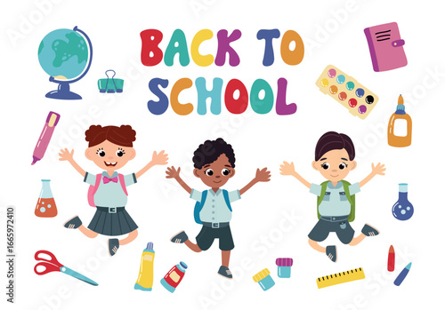 Back to School Illustration with Children and Supplies. White background, isolate