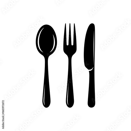 Vector art of a black silhouette of a spoon, fork, and knife isolated on a, representing dining and mealtime essentials