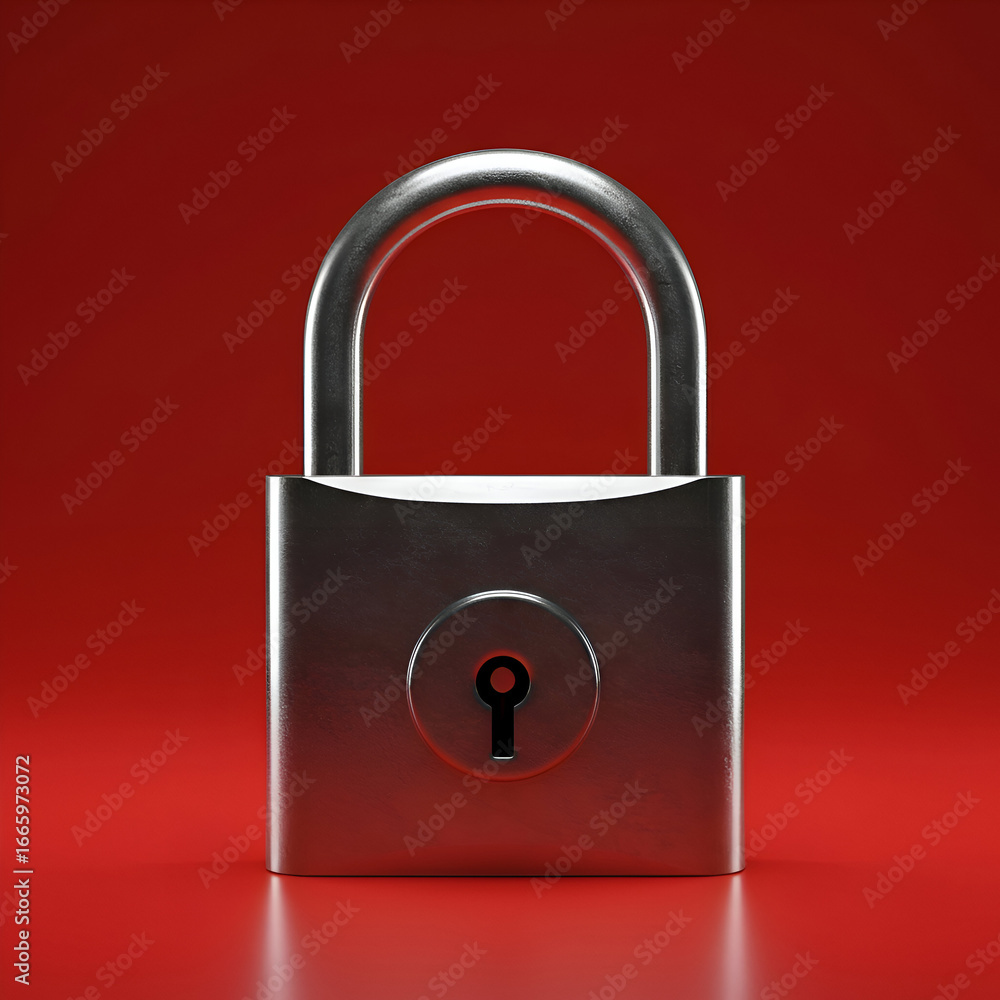 Naklejka premium Metal padlock with a simple, neutral pose on a red surface. Security lock against a red background, for general use in security or technology related stock imagery.