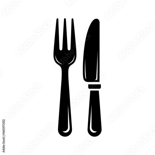 Vector art of a black silhouette of a fork and knife, classic cutlery for dining and eating, isolated on a