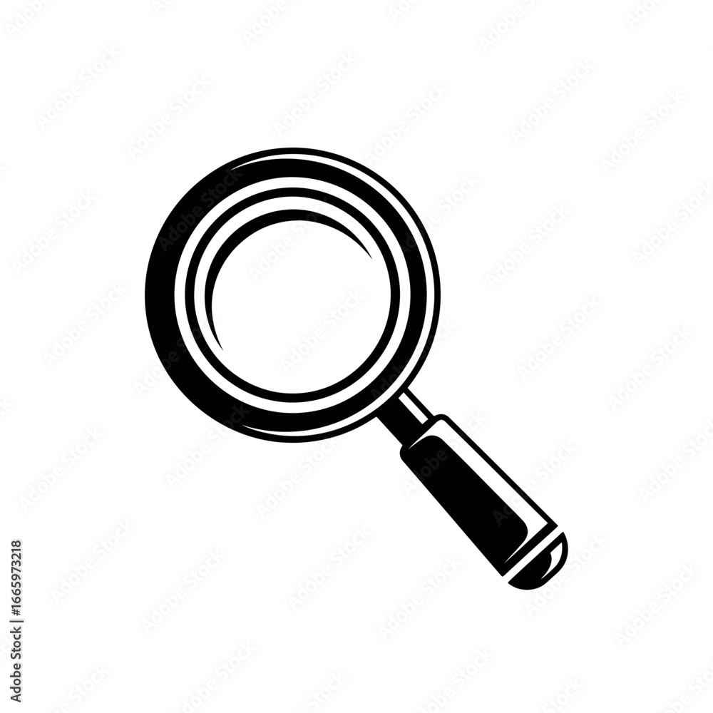 Vector art of a black and white illustration of a magnifying glass, symbolizing search, discovery, and examination, isolated on a Vector art of a black and white illustration of a magnifying glass, symbolizing search, discovery, and examination, isolated on a