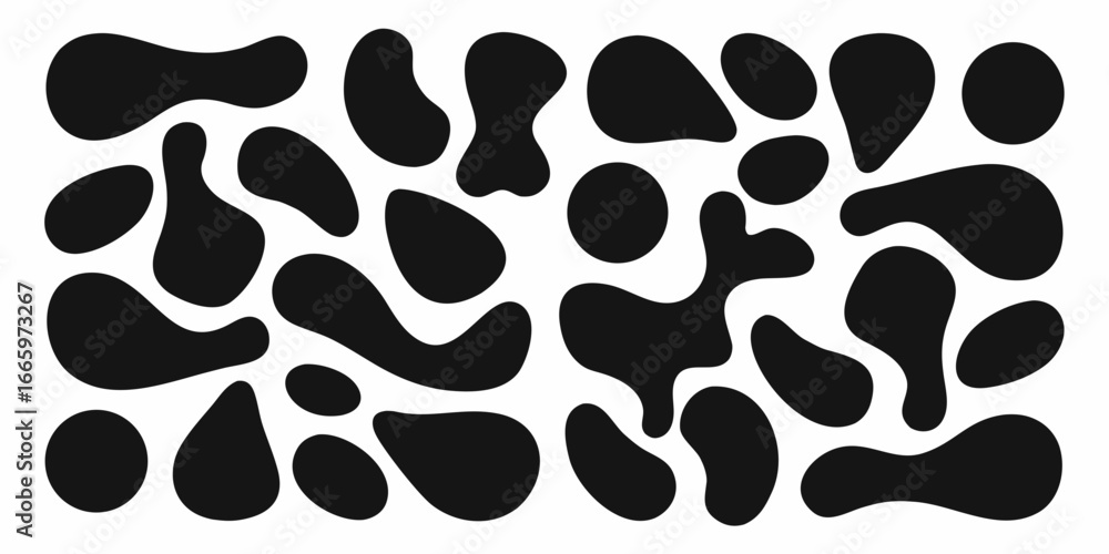 Abstract black fluid shapes on white background organic blobs and spots