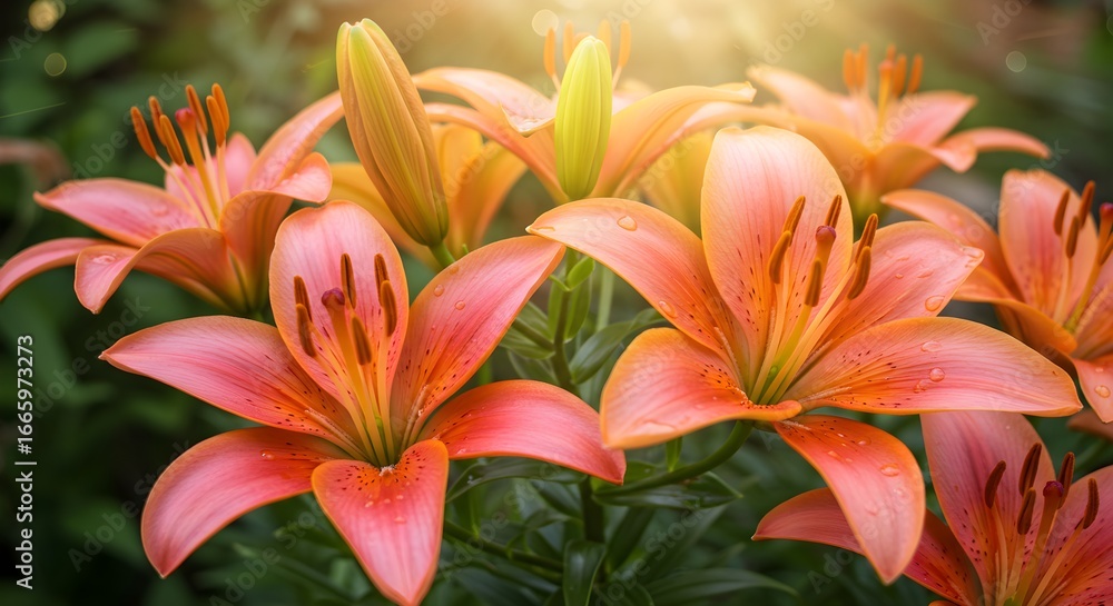 Obraz premium Orange pink lilies in garden sunlight