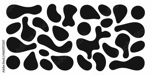 Abstract black fluid shapes on white background organic blobs and spots