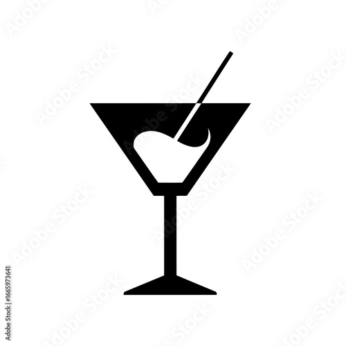 Vector art of a minimalist black and white illustration of a martini cocktail in a glass with a stirrer, isolated on a