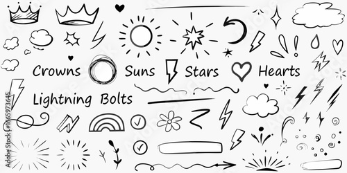 Hand Drawn Doodle Elements Crowns Suns Stars Hearts Lightning Bolts and More