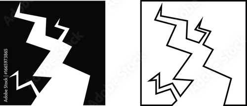 Earthquake broken road collapse icon set, black solid and outline vector of damaged skyscrapers cracked ground shaking effect seismic disaster, destruction, emergency alert and safety awareness symbol