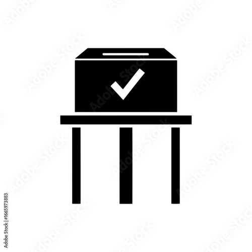 Vector art of black and white illustration of a ballot box with a checkmark, symbolizing voting and democratic participation