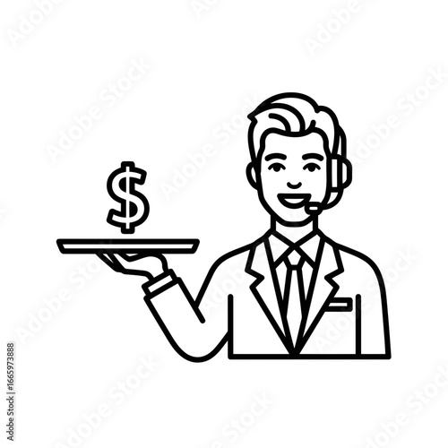 Vector art of smiling businessman wearing a headset holding a tray with a dollar sign, , representing financial service and customer support