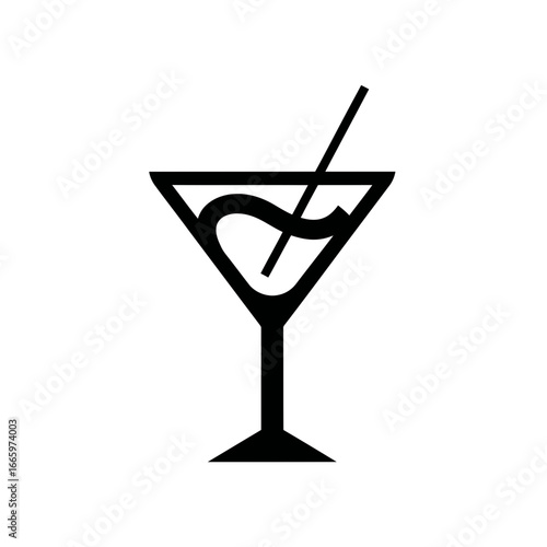 Vector art of minimalist black and white illustration of a martini cocktail glass with a straw, isolated on a, symbolizing celebration and refreshment