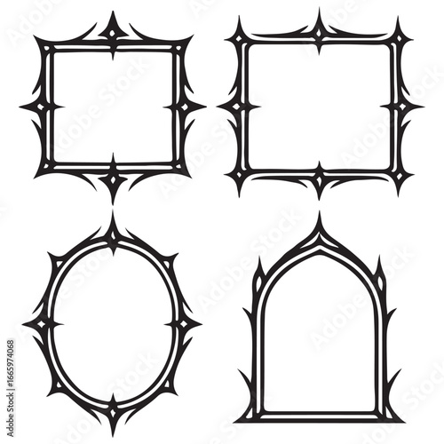 Gothic game frame set, vector fantasy medieval border, vintage tribal symmetry mystic design element vector