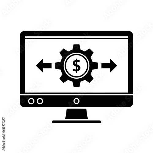 Vector art of computer monitor displaying a gear with a dollar sign and arrows indicating expansion or direction, symbolizing financial process and business growth