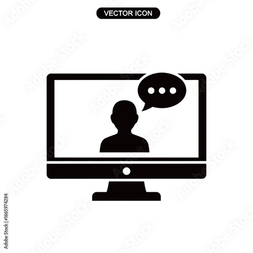 Vector art of vector icon of a computer monitor displaying a silhouette of a person with a speech bubble, representing online communication and virtual interaction
