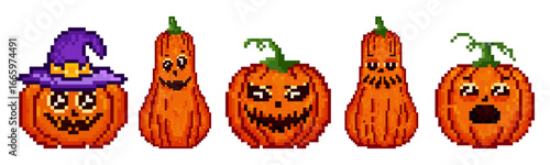 Halloween Pumpkin Jack o Lantern Pixel 16-bit Retro game icon set, vector illustration