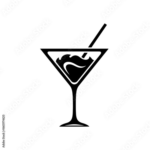 Vector art of stylized black and white illustration of a martini cocktail with a garnish and straw, isolated on a