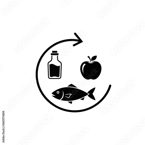 Vector art of food cycle icon with apple, fish, and bottle representing nutrition, health, and diet