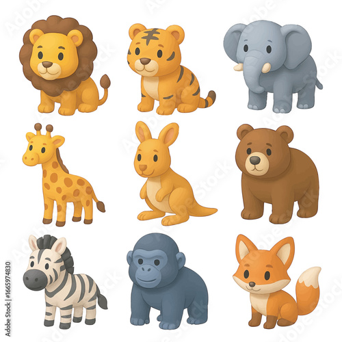 Cute cartoon-style animal set featuring a lion, tiger, elephant, giraffe, kangaroo, bear, zebra, gorilla, and fox, each drawn with soft colors and friendly expressions.