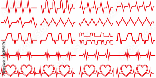 Collection of Red Heartbeat Pulse Lines for Medical and Health Concepts