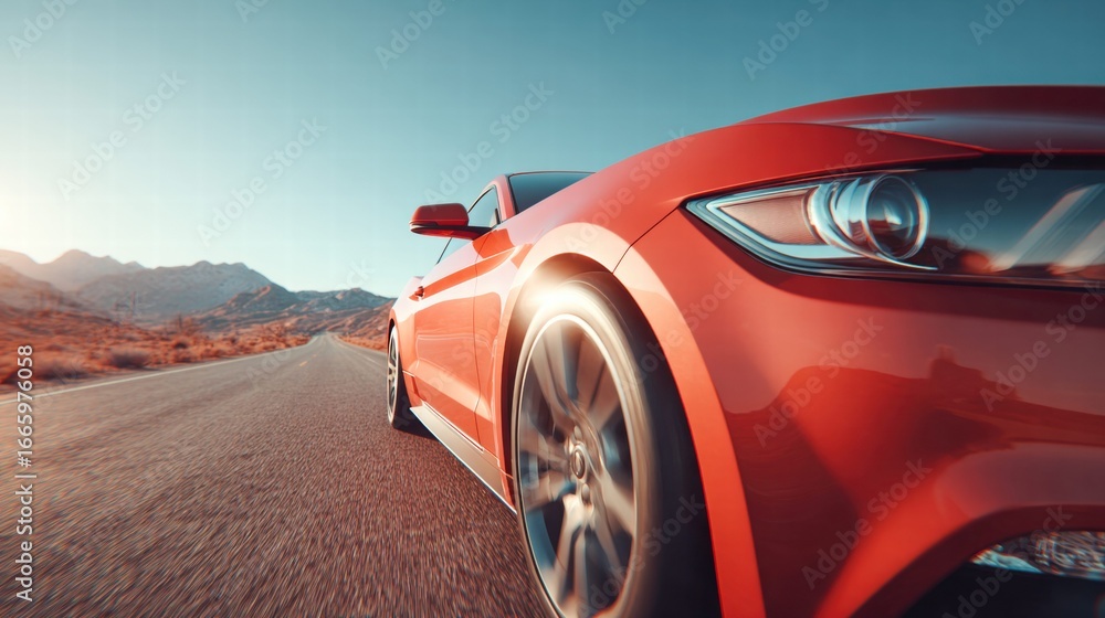Naklejka premium A red sports car speeds down a desert road during sunset, creating a sense of freedom and adventure.