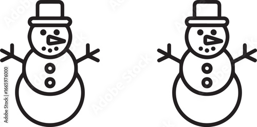 Two black line art snowmen wearing hats and sticks for arms snowman winter