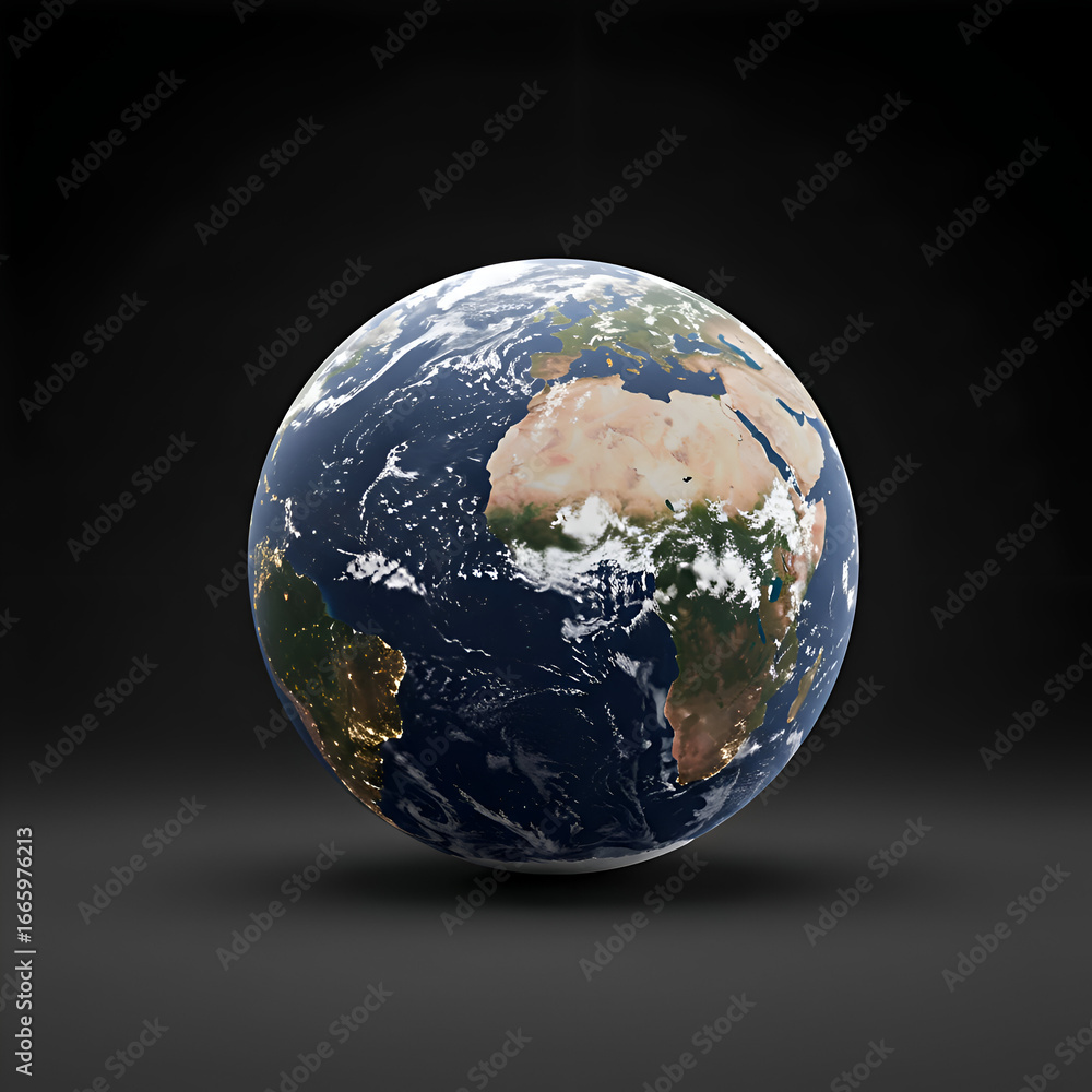 Fototapeta premium Planet Earth, a global view of continents and oceans, stationary in a dark space. Detailed presentation of global geography, with no people or action.