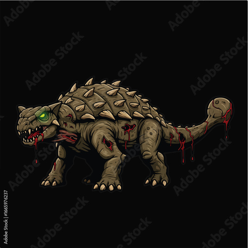 Illustration of a zombie Ankylosaurus dinosaur with glowing green eyes, blood dripping from its mouth and tail, against a black background.