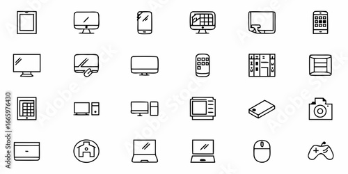 Modern tech device outline icons for web and app design, featuring computer, laptop, phone, and camera