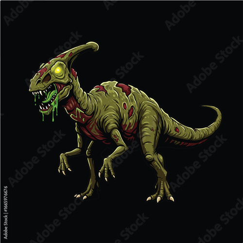 A stylized illustration of a zombie dinosaur, with decaying flesh and glowing eyes, against a dark background.