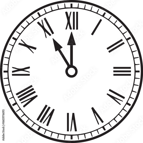 Classic clock face with roman numerals and black hands indicating time vector