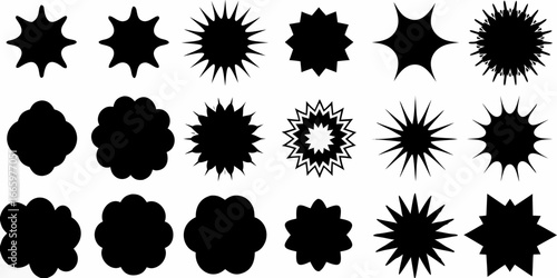Collection of black starburst shapes explosion shapes and burst shapes on white