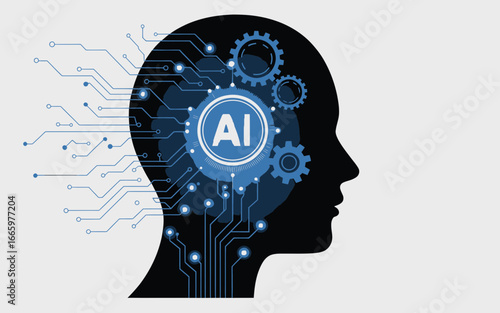 Silhouette of a human head with AI technology and circuitry representing artificial intelligence and cognition