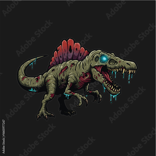 A menacing zombie Spinosaurus dinosaur illustration, decaying flesh, glowing eyes.