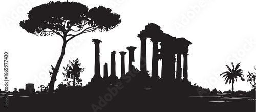Vector illustration of a city skyline with trees and industrial pollution